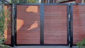 steel framed wood double swing driveway gate